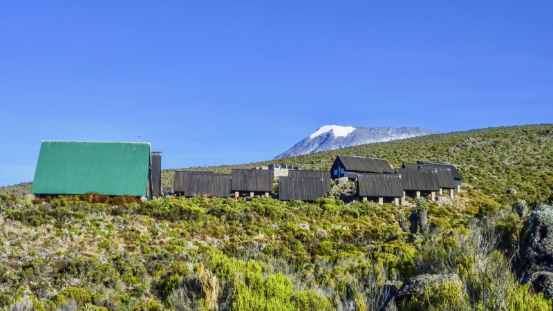 huts at Mount Kilimanjaro, the highest mountain in Africa (5892m), seen through the crops.